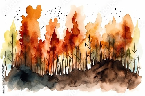 Vivid watercolor portrayal of a catastrophic forest fire, with trees engulfed in orange flames. Generative AI