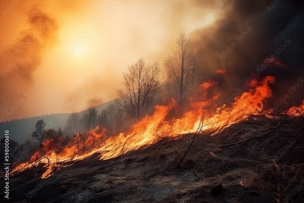 Astonishing ecological calamity represented by an extensive, raging forest fire. Generative AI