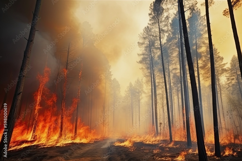 Astonishing ecological calamity represented by an extensive, raging forest fire. Generative AI Astonishing ecological calamity represented by an extensive, raging forest fire. Generative AI