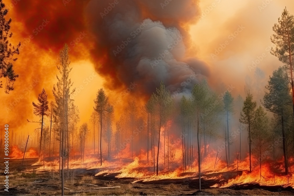 Astonishing ecological calamity represented by an extensive, raging forest fire. Generative AI Astonishing ecological calamity represented by an extensive, raging forest fire. Generative AI
