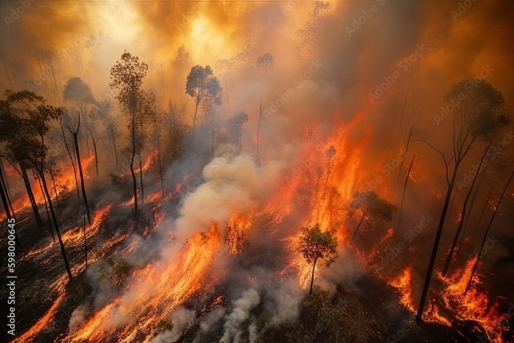 Astonishing ecological calamity represented by an extensive, raging forest fire. Generative AI