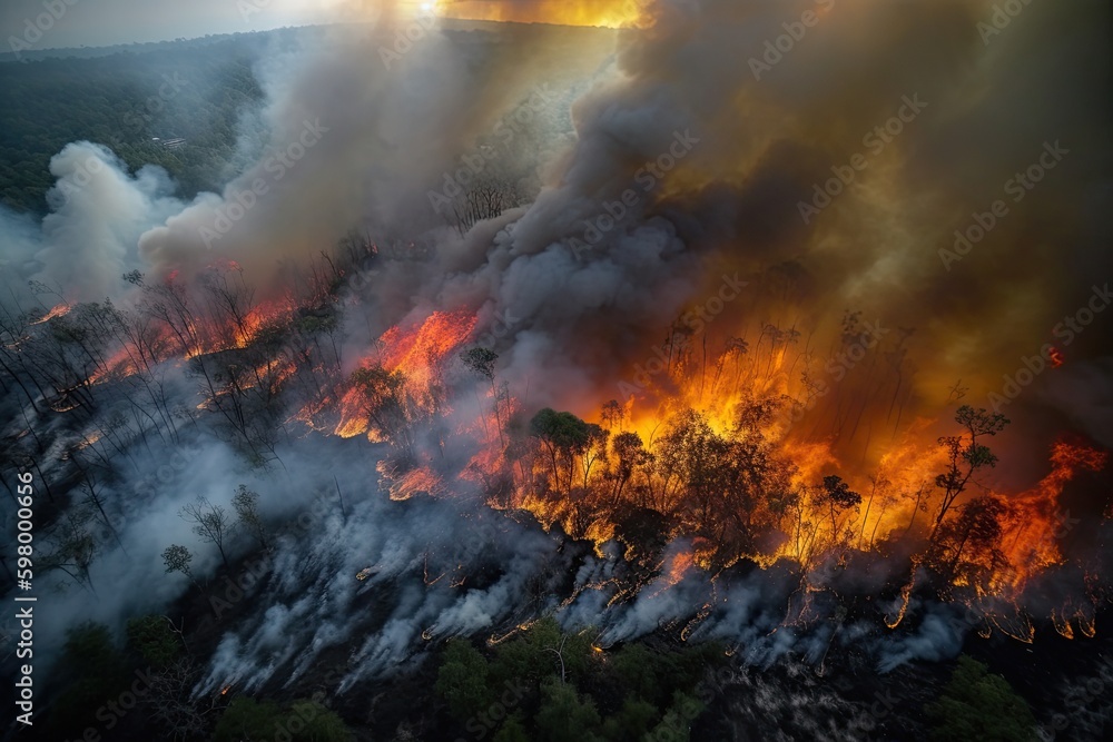 Astonishing ecological calamity represented by an extensive, raging forest fire. Generative AI