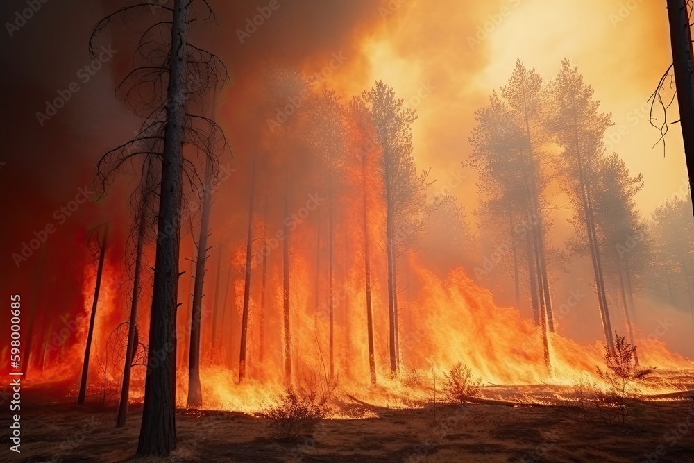 Astonishing ecological calamity represented by an extensive, raging forest fire. Generative AI Astonishing ecological calamity represented by an extensive, raging forest fire. Generative AI