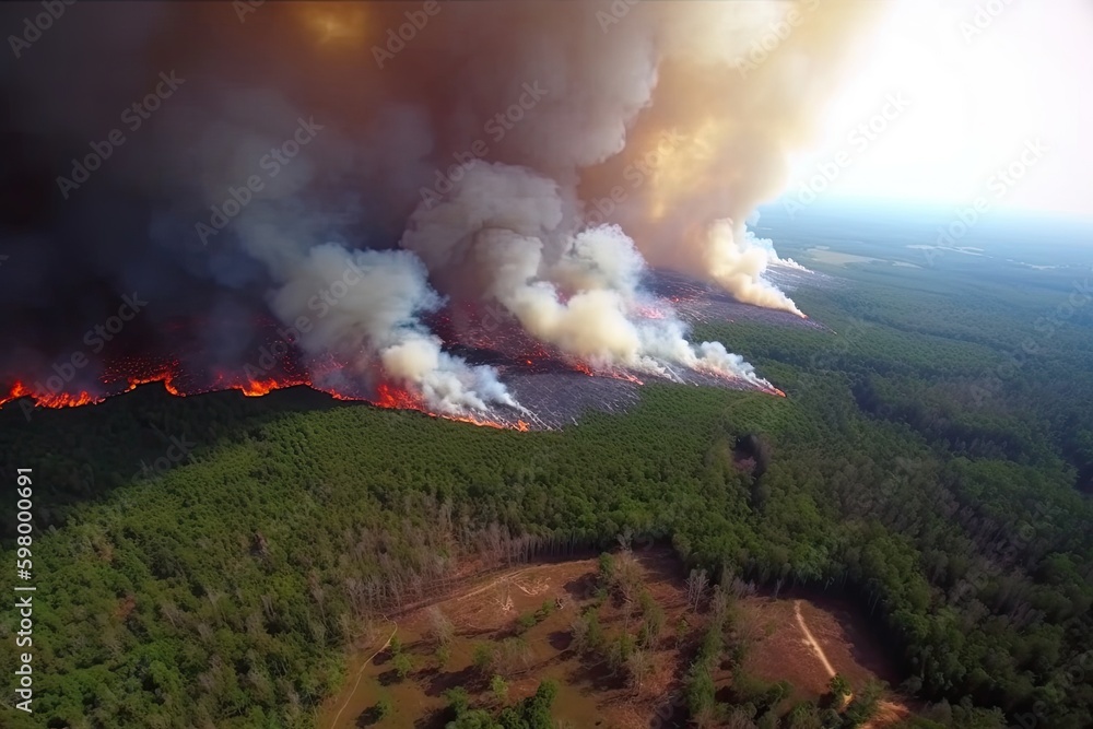 Fototapeta premium Astonishing ecological calamity represented by an extensive, raging forest fire. Generative AI
