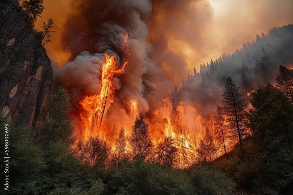 Fototapeta premium Astonishing ecological calamity represented by an extensive, raging forest fire. Generative AI