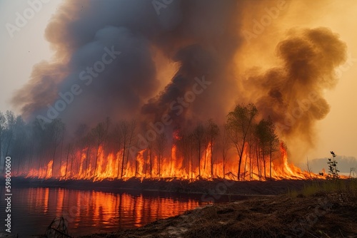 Astonishing ecological calamity represented by an extensive  raging forest fire. Generative AI