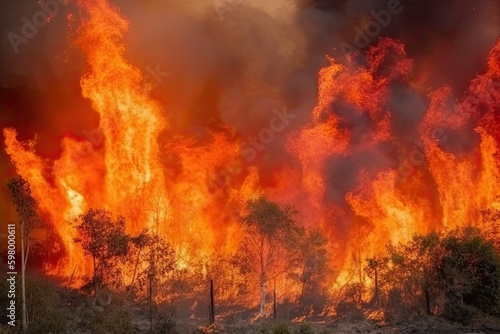 Astonishing ecological calamity represented by an extensive, raging forest fire. Generative AI