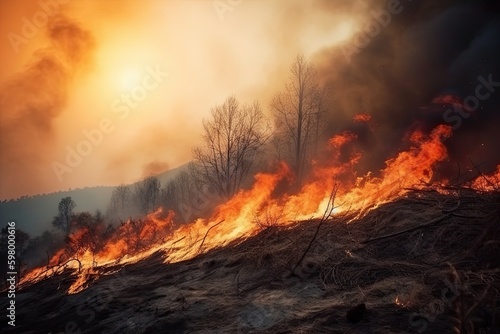 Astonishing ecological calamity represented by an extensive  raging forest fire. Generative AI