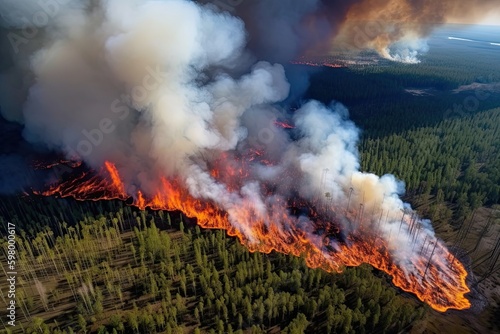 Astonishing ecological calamity represented by an extensive, raging forest fire. Generative AI