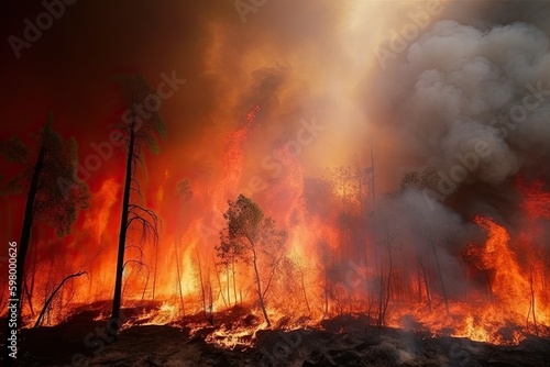 Astonishing ecological calamity represented by an extensive, raging forest fire. Generative AI © Gelpi