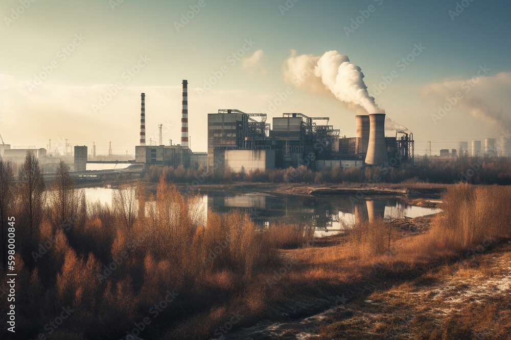 An industrial power plant emitting toxic smoke into the atmosphere, causing pollution and environmental damage. Ai generated.
