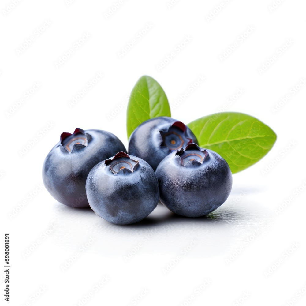 Four fresh raw blueberries with green leaves for fruit salad on a white background Generative AI Illustration Four fresh raw blueberries with green leaves for fruit salad on a white background Generative AI Illustration