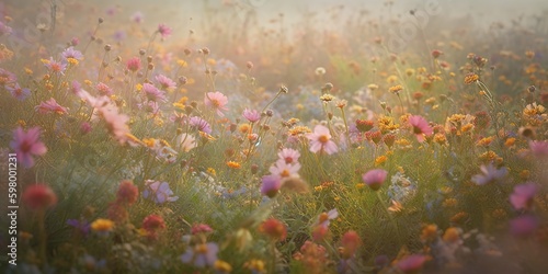AI Generative. AI Generated. Wild flowers spring outdoor field. Romantic nature lover love aesthetics vibe. Graphic Art