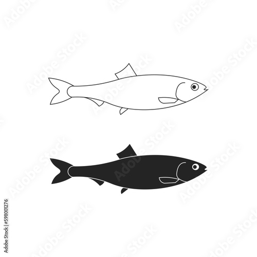 black and white fish vector isolated on white background. fish, animal, sea, seafood, food, meat, ocean, water, fishing, fishery, marine, flat, icon, clipart, sticker, simple, vector illustration