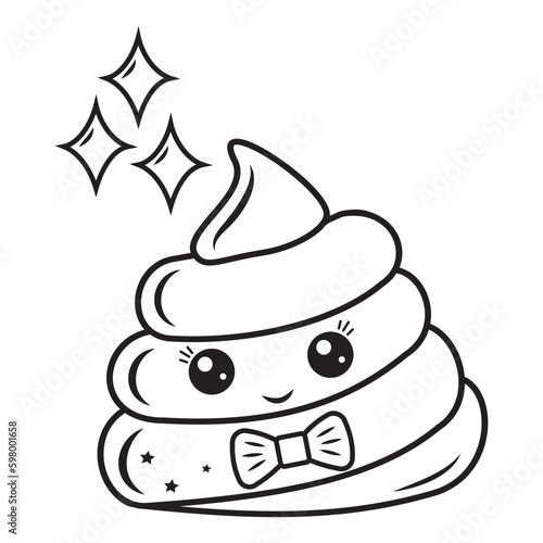 Cute character Poop kawaii, black outline, vector isolated illustration in doodle style