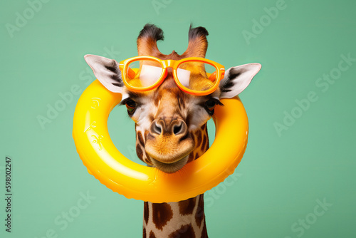 A giraffe ready for a summer vacation with sunglasses and an inflatable rubber ring. Generative ai Generative AI