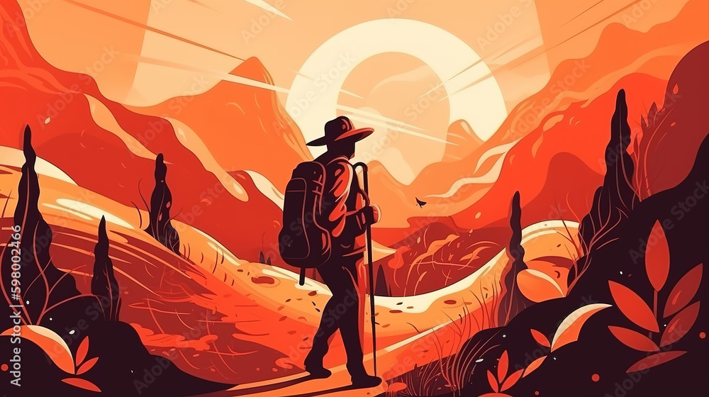 Fototapeta premium a modern illustration of a hiking man, cartoon artwork, generative ai technology