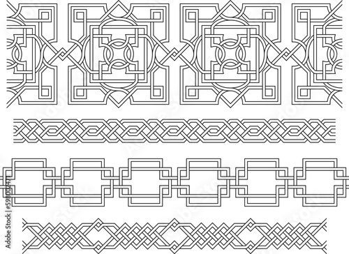 Seamless black geometric brushes, Islamic, Celtic art legacy. Overlapping and interlacing lines. Pattern brushes are included. 