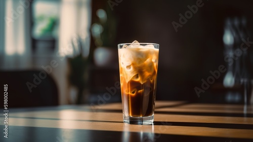 Ice coffee in a tall glass with cream poured over and coffee beans, Cold summer drink, Generative AI