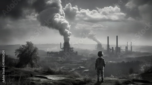 A small child stands on a mountaintop  staring at a huge  sprawling power plant with chimneys and cooling towers  Generative AI