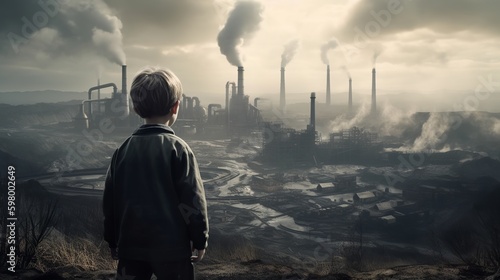 A small child stands on a mountaintop, staring at a huge, sprawling power plant with chimneys and cooling towers, Generative AI