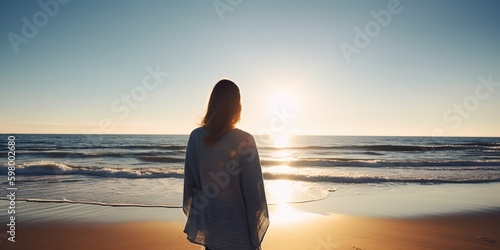 Happy carefree young woman enjoying beautiful sunset on the beach, Copy space, generative ai © OP38Studio
