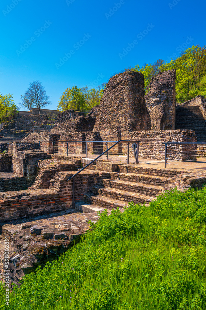 Fototapeta premium Ancient Roman amphitheater, Lyon, France, Théâtre Gallo Romain de Lyon-Fourvière, the stone steps and remaining ruined walls