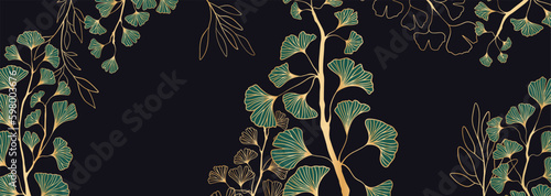 Golden leaves line art background vector. luxury gold abstract wallpaper.Minimal abstract modern background with golden leaves, Trendy vector illustration for cover, invitation, banner, poster, flyer,