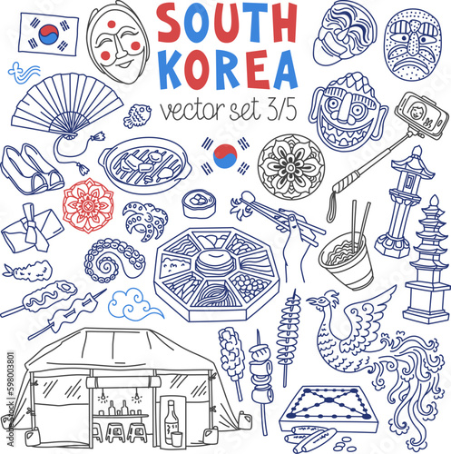 South Korea traditional symbols, food and landmarks doodle set. Drawings isolated on white background. Outline stroke is not expanded, stroke weight is editable