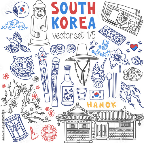 South Korea traditional symbols, food and landmarks doodle set. Drawings isolated on white background. Outline stroke is not expanded, stroke weight is editable