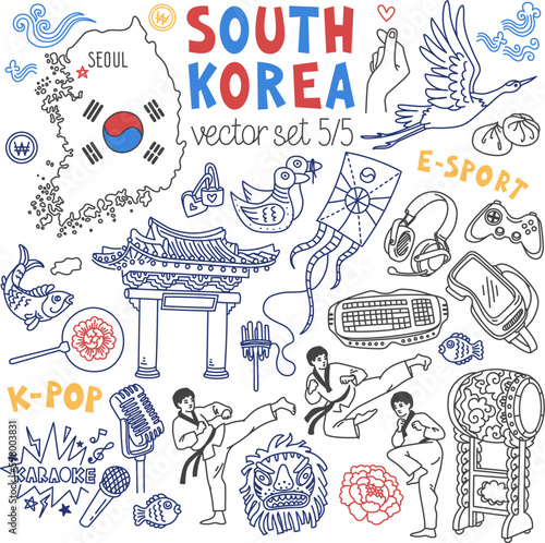 South Korea traditional symbols, food and landmarks doodle set. Drawings isolated on white background. Outline stroke is not expanded, stroke weight is editable
