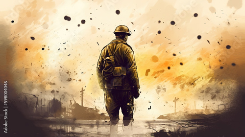 a lonely soldier standing in front of the artwork, world war has ended, generative ai technology