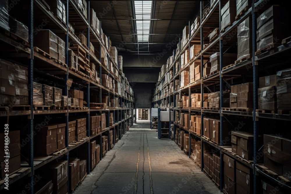 A spacious warehouse filled to the brim with parcels, offering plenty of storage space for various goods. Ai generated. A spacious warehouse filled to the brim with parcels, offering plenty of storage space for various goods. Ai generated.