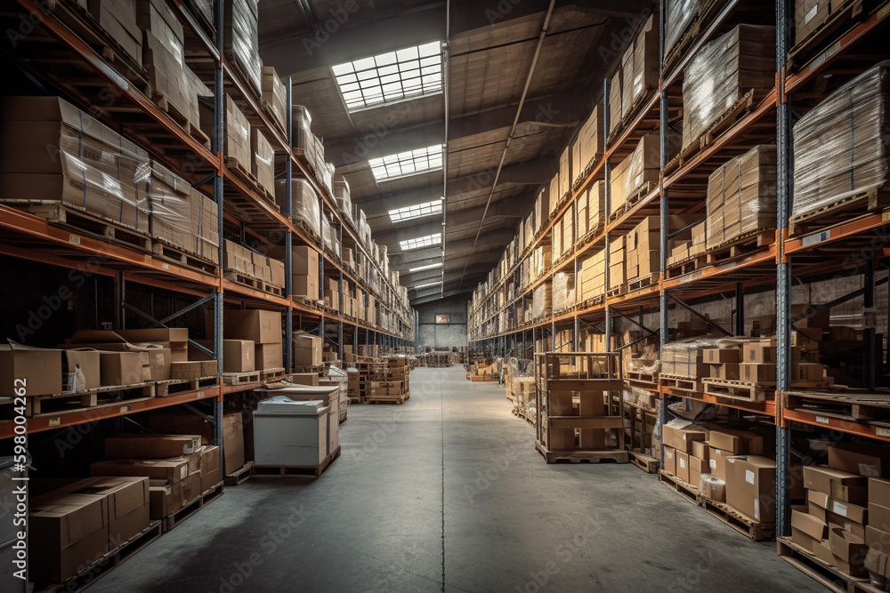 A spacious warehouse filled to the brim with parcels, offering plenty of storage space for various goods. Ai generated. A spacious warehouse filled to the brim with parcels, offering plenty of storage space for various goods. Ai generated.