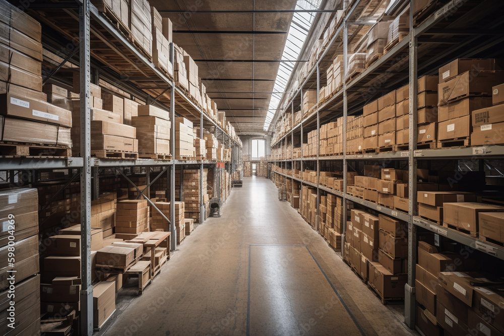 A spacious warehouse filled to the brim with parcels, offering plenty of storage space for various goods. Ai generated. A spacious warehouse filled to the brim with parcels, offering plenty of storage space for various goods. Ai generated.