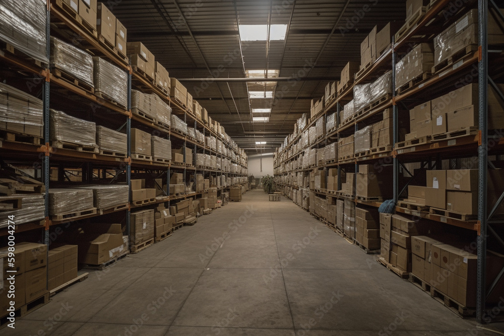 A spacious warehouse filled to the brim with parcels, offering plenty of storage space for various goods. Ai generated. A spacious warehouse filled to the brim with parcels, offering plenty of storage space for various goods. Ai generated.