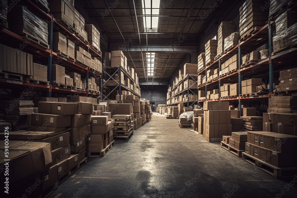 A spacious warehouse filled to the brim with parcels, offering plenty of storage space for various goods. Ai generated. A spacious warehouse filled to the brim with parcels, offering plenty of storage space for various goods. Ai generated.