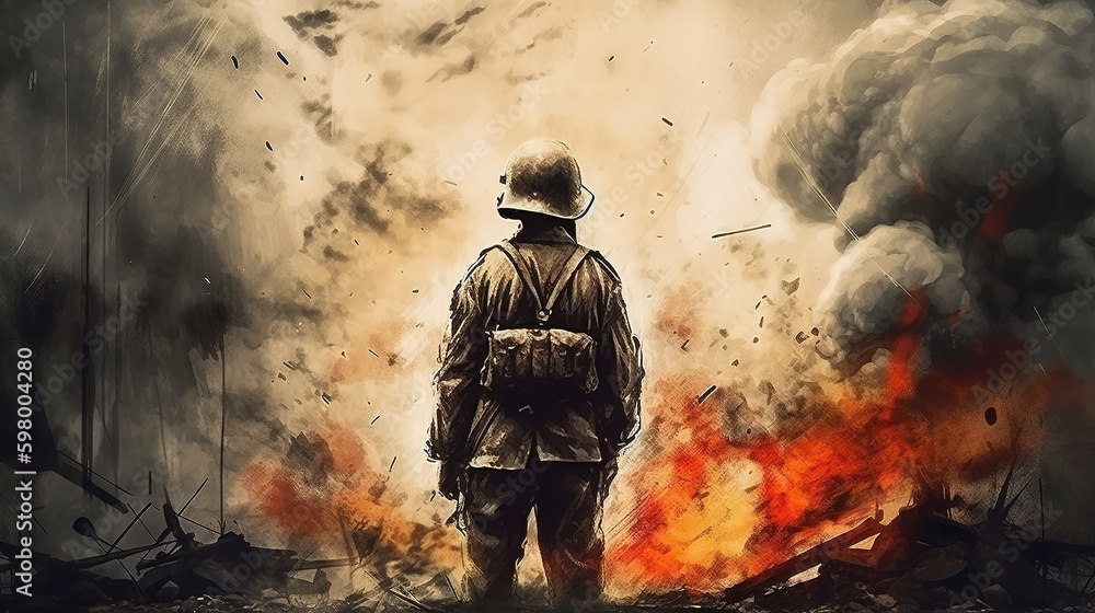 Fototapeta premium a soldier is standing in front of the end of the war, sad memorial day artwork, generative ai technology