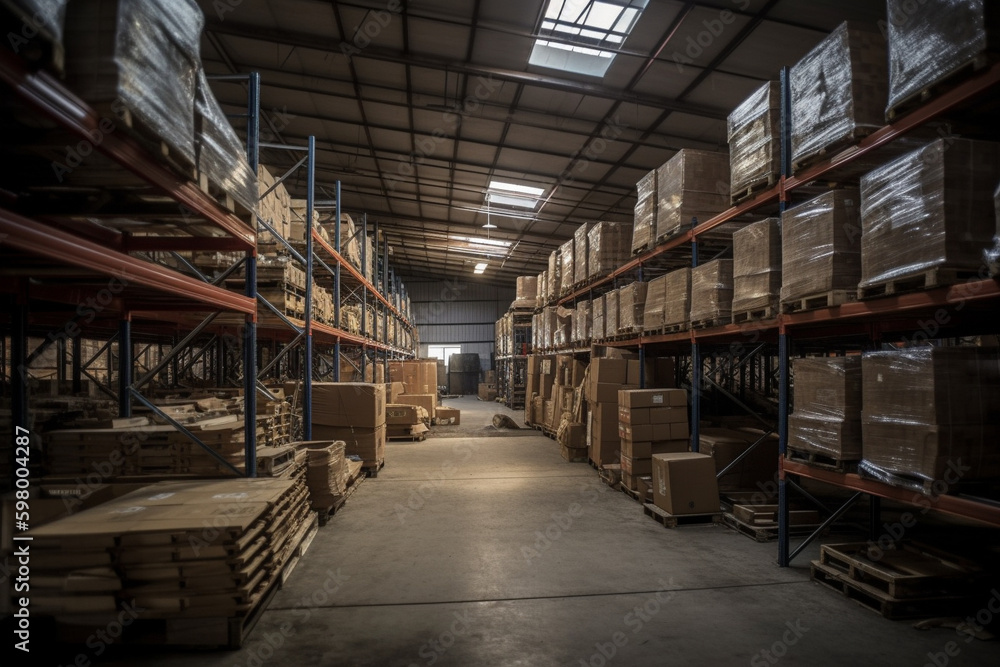 A spacious warehouse filled to the brim with parcels, offering plenty of storage space for various goods. Ai generated. A spacious warehouse filled to the brim with parcels, offering plenty of storage space for various goods. Ai generated.