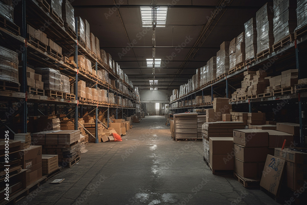 A spacious warehouse filled to the brim with parcels, offering plenty of storage space for various goods. Ai generated. A spacious warehouse filled to the brim with parcels, offering plenty of storage space for various goods. Ai generated.