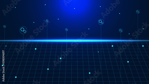 Abstract dark blue background with neon light, glowing particle and gears for setting concept.