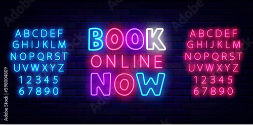 Book online now neon signboard. Glowing label on brick wall. Shiny blue and pink alphabet. Vector illustration