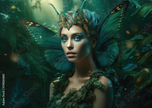 Fairy girl with beautiful wings in an emerald forest. Generative AI illustrations