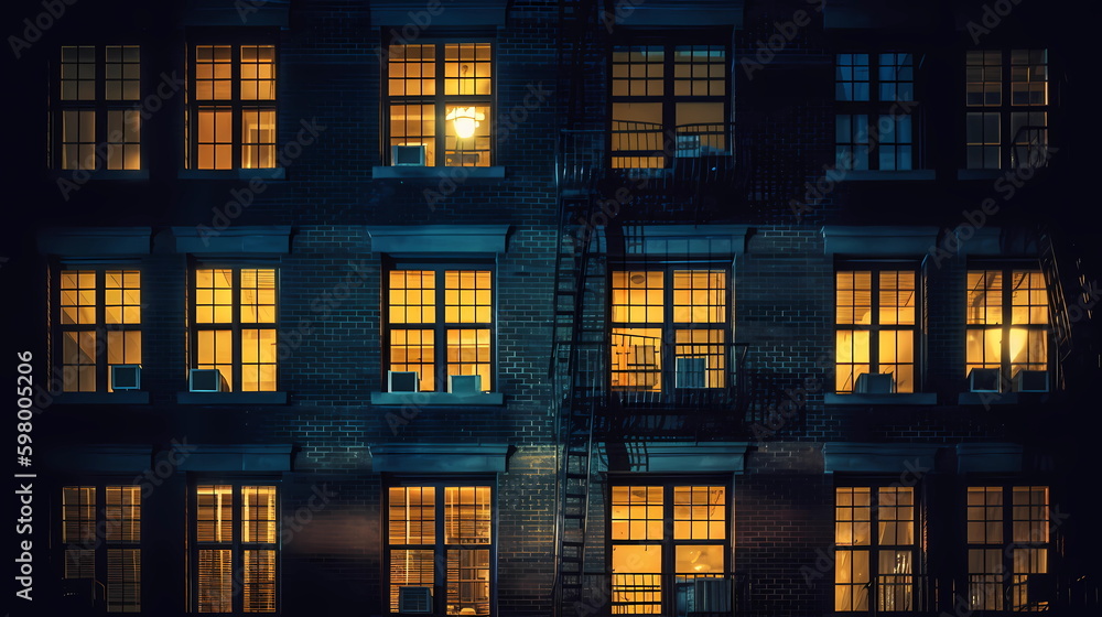 night city windows light ,blurred lamp light , buildings and houses urban life style ,generated ai