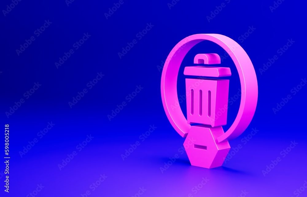 Pink Trash can icon isolated on blue background. Garbage bin sign. Recycle basket icon. Office trash icon. Minimalism concept. 3D render illustration Pink Trash can icon isolated on blue background. Garbage bin sign. Recycle basket icon. Office trash icon. Minimalism concept. 3D render illustration