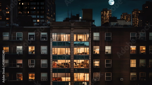 night city windows light ,blurred lamp light , buildings and houses urban life style ,generated ai
