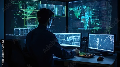 A scientist working on a machine learning algorithm on a futuristic computer.
