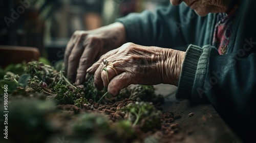 Illustration of elderly person's hands while gardening. Senior woman enjoying growing plants. Outdoor background. AI generative image.