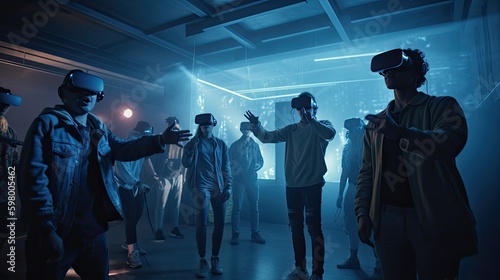 A group of people wearing AR glasses, interacting with virtual objects.
 photo