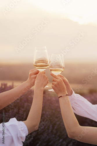 A group of girlfriends toasting glasses with wine at sunset. Together clinking glasses, close-up.